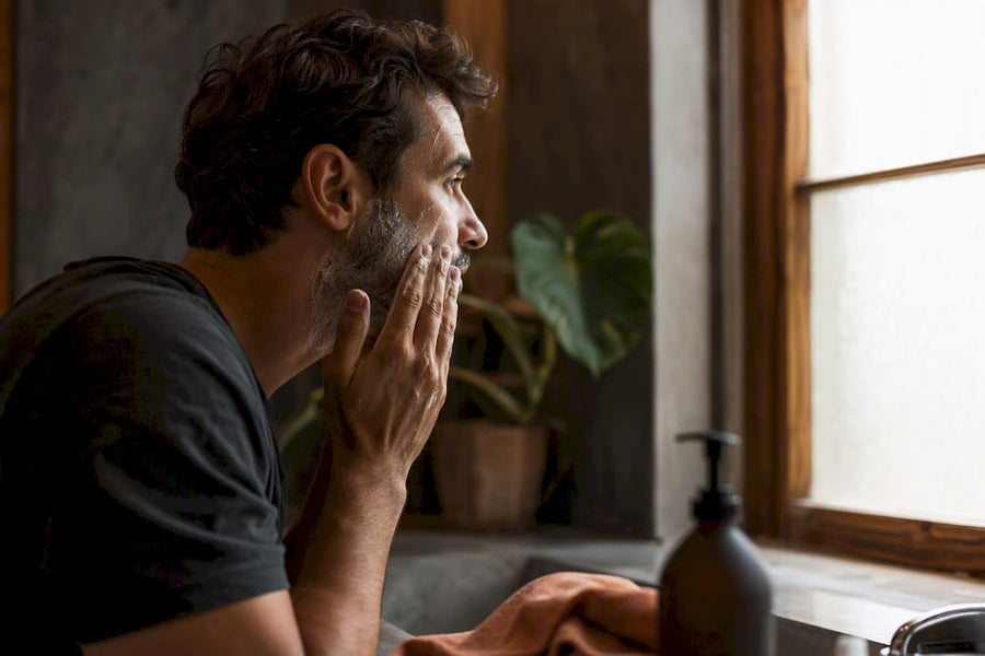 Man cleansing face in bathroom