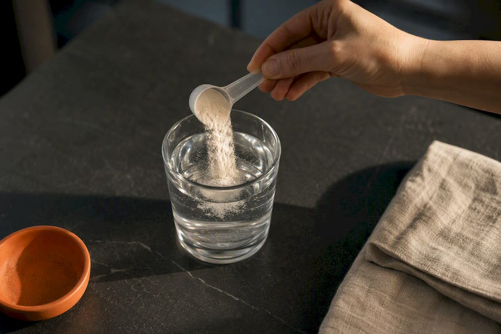 Measuring collagen powder into a glass