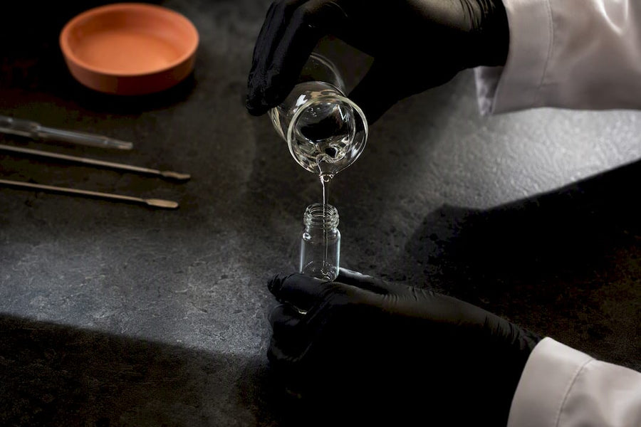 Gloved hands measuring preservative solution
