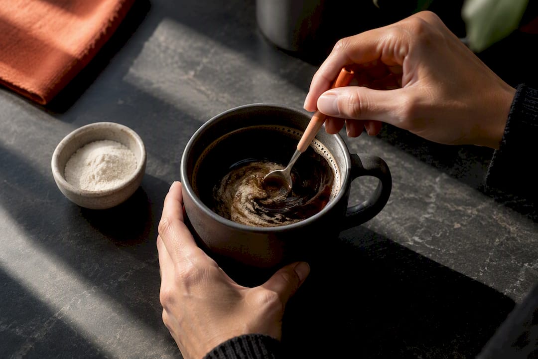 Collagen powder being stirred into hot coffee