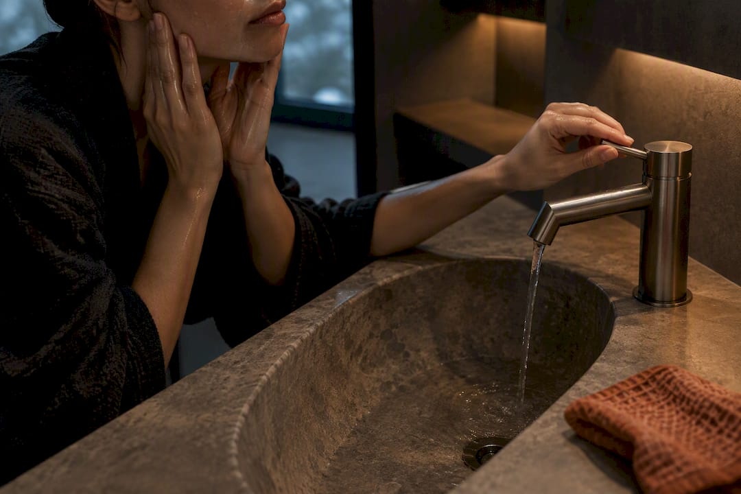 Person finishing a gentle face cleanse