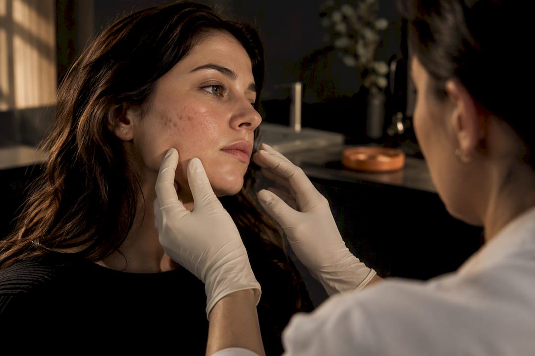 Dermatologist examining facial skin irritation