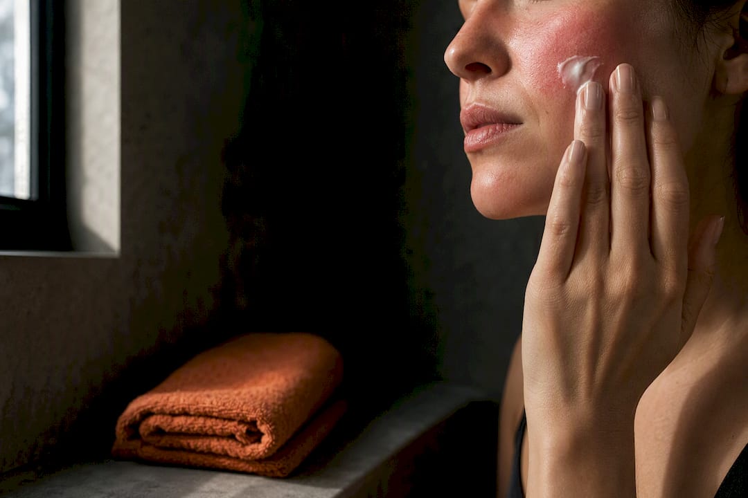 Person soothing irritated cheek with moisturizer