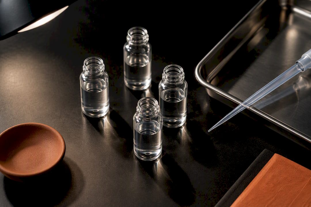 Unlabeled preservative sample vials in laboratory