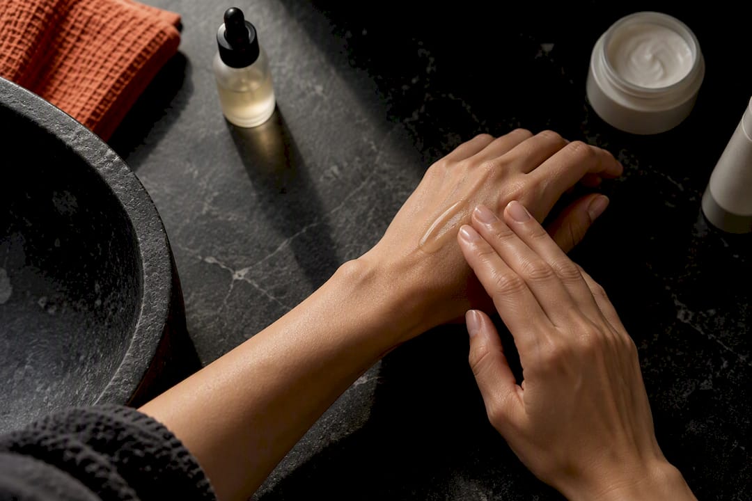 Hands applying skincare in layered routine