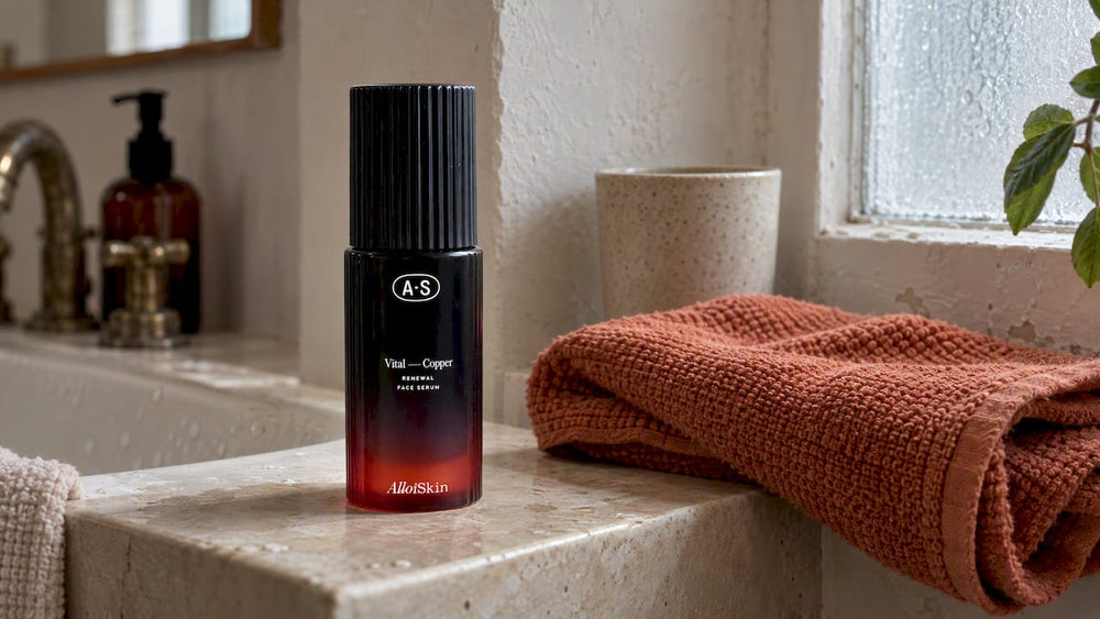 VitalCopper serum in a quiet bathroom setting