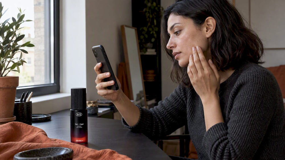 Woman tracking serum results beside VitalCopper serum