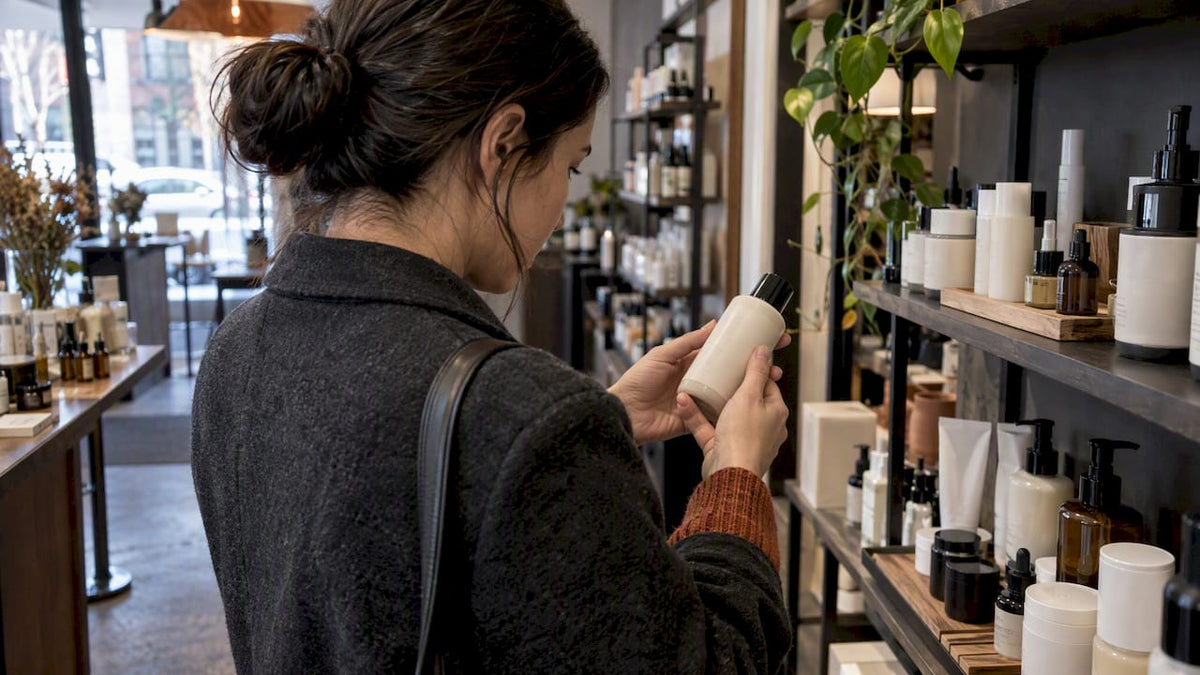 Shopper checking a skincare ingredient label