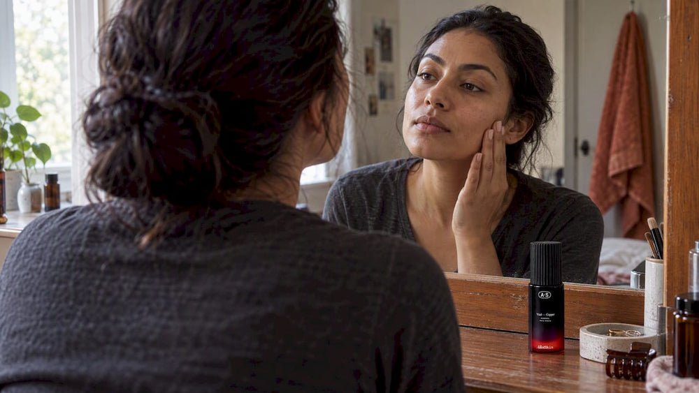 Woman checking her skin beside VitalCopper serum
