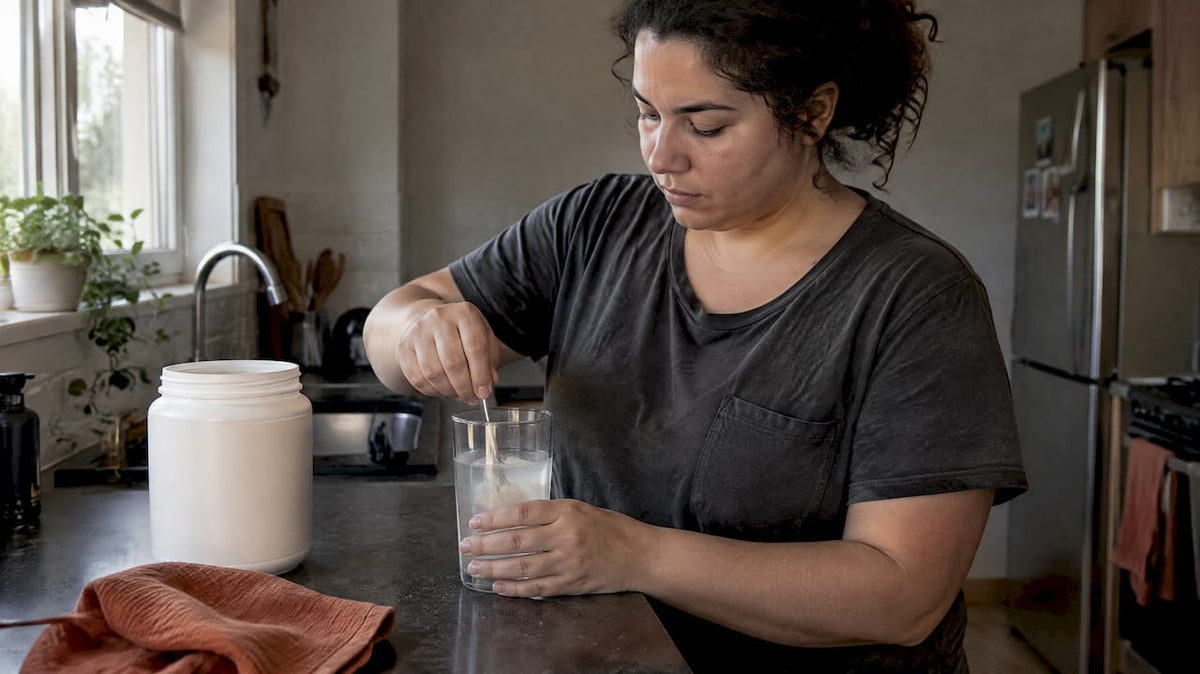 Woman stirring collagen powder into water