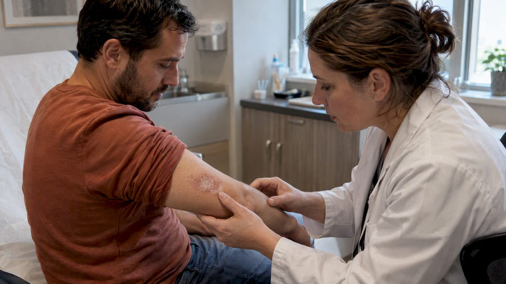Dermatologist examining a psoriasis plaque