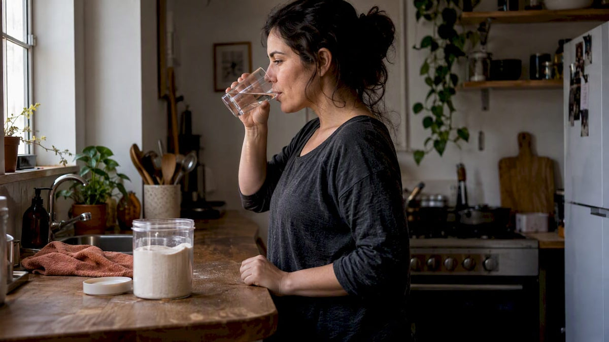 Woman drinking collagen water before breakfast