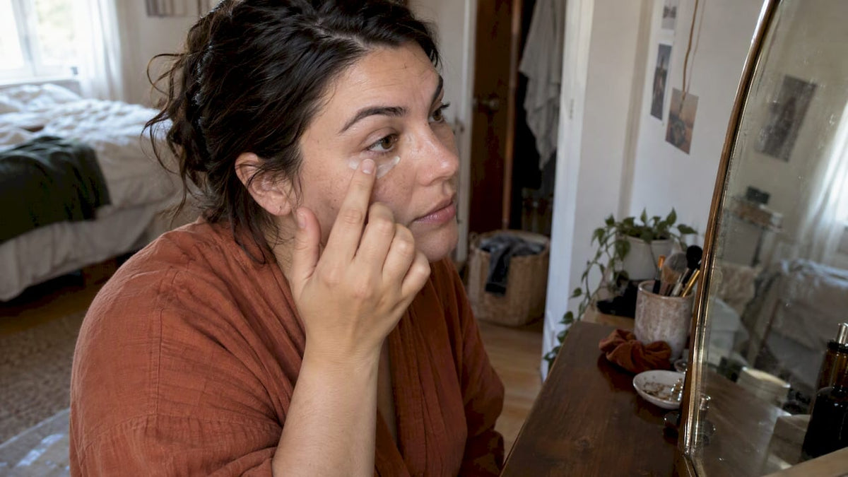 Woman gently applying skincare beneath one eye