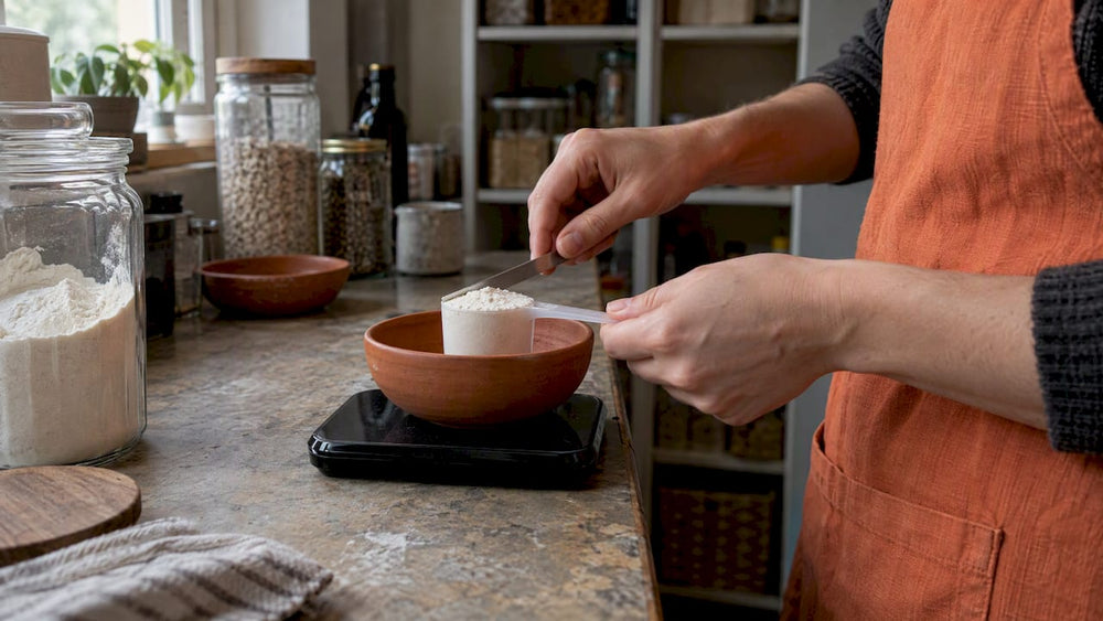 Collagen powder being measured on a kitchen scale