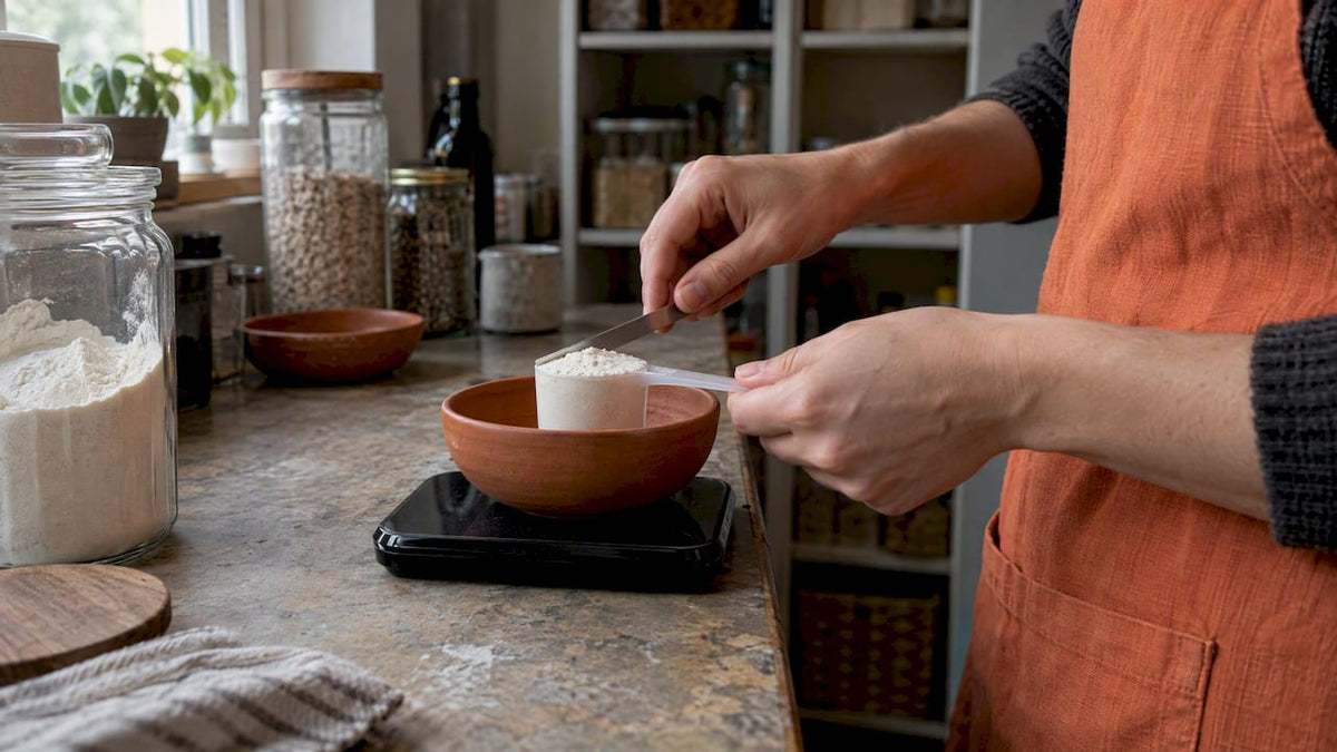 Collagen powder being measured on a kitchen scale