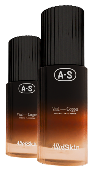 Two black bottles of An Alloi Skin, Vital Copper skincare product on a white background
