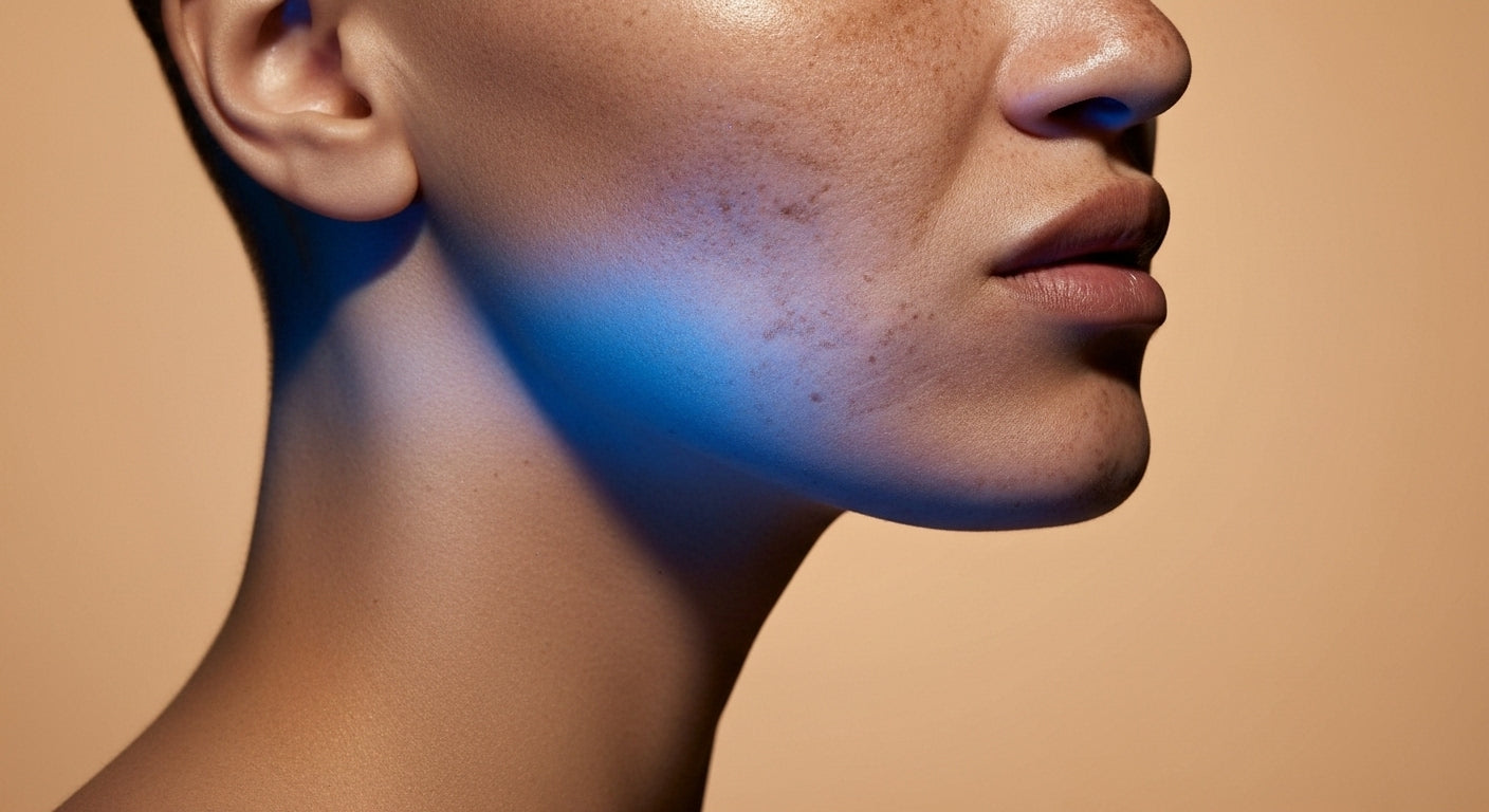 Close-up of a person's neck and shoulder with a neutral background