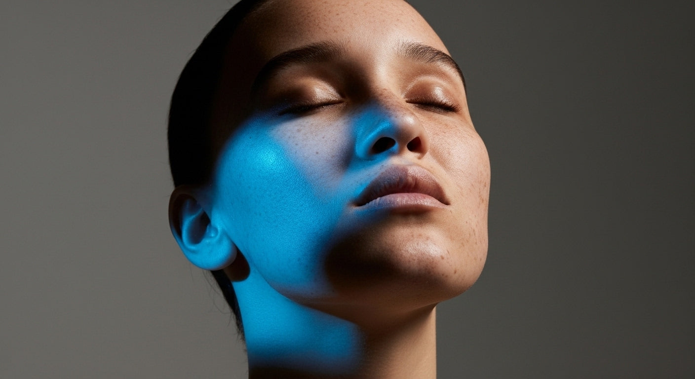 Person with blue light on face against a gray background