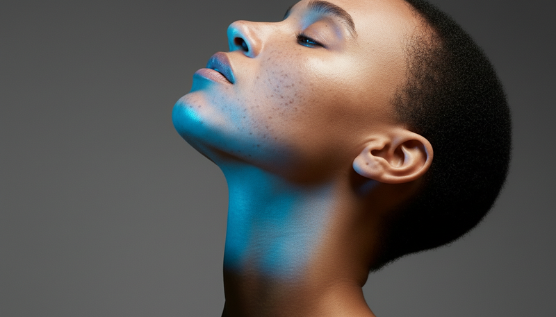 Side profile of a person with blue lighting on a dark background