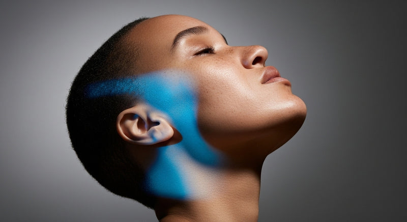 Close-up of a person's face with a blurred blue object in the foreground on a dark background