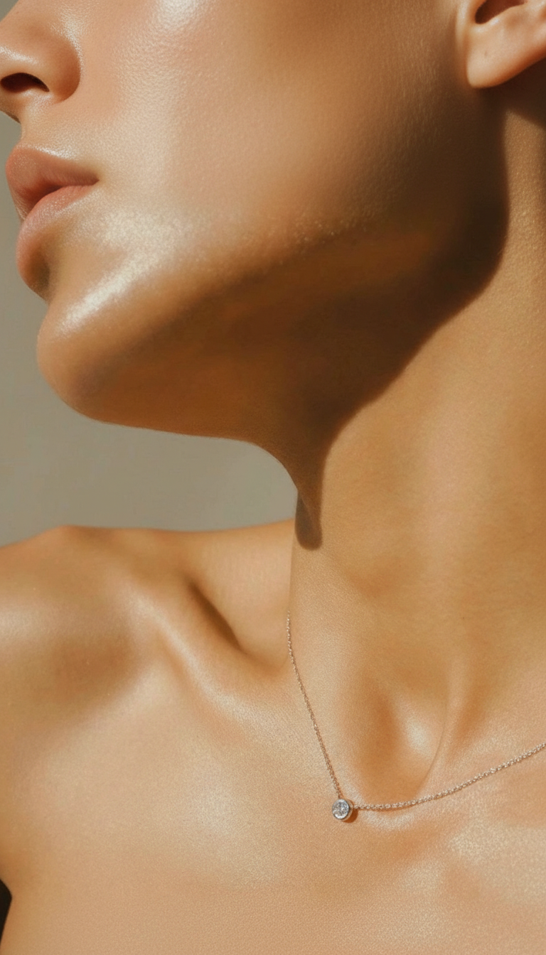 Close-up of a person wearing a delicate necklace on a neutral background