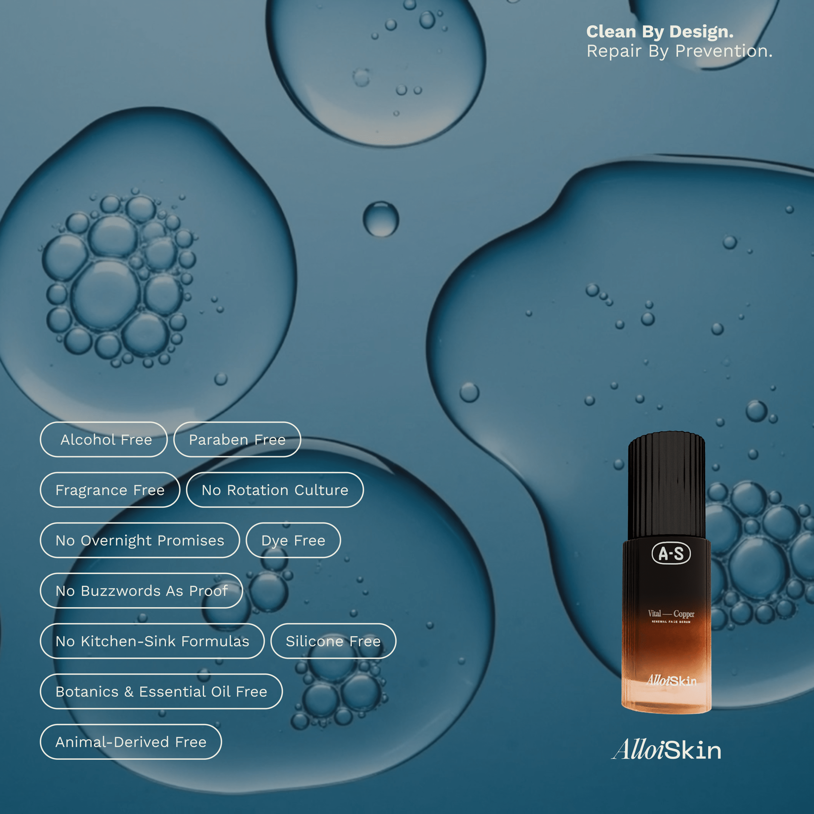 Alloi skin skincare product with water droplets on a blue background